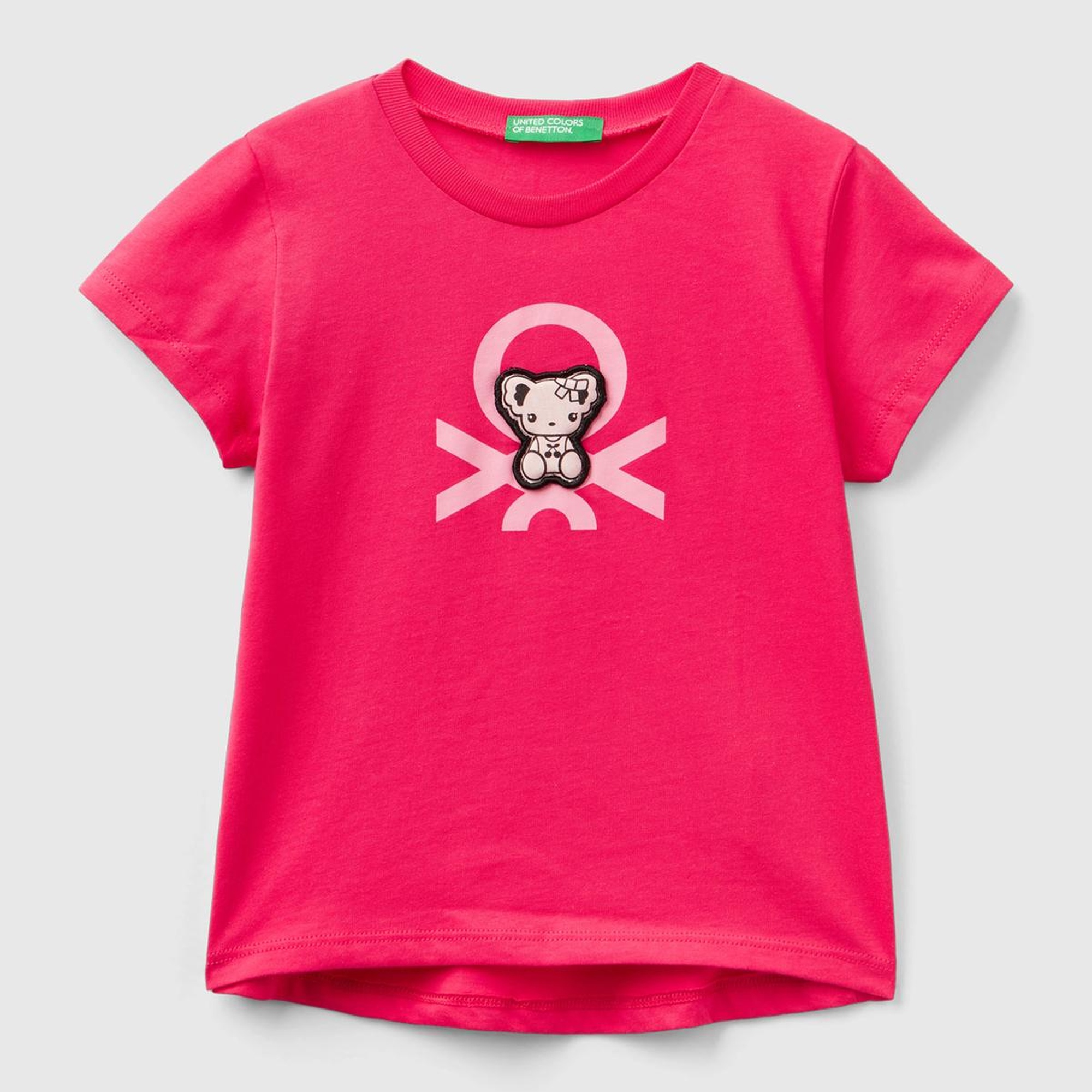 Kız Çocuk Fuşya Su Baskılı Logolu ve Aplikeli  Yaz T-Shirt