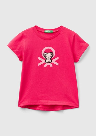  Kız Çocuk Fuşya Su Baskılı Logolu ve Aplikeli  Yaz T-Shirt