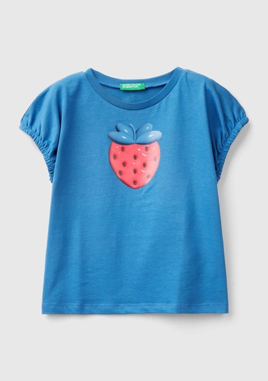  Kız Çocuk Saks Mavi Önü Grafik Baskılı Kolları Büzgülü Bisiklet Yaka T-Shirt