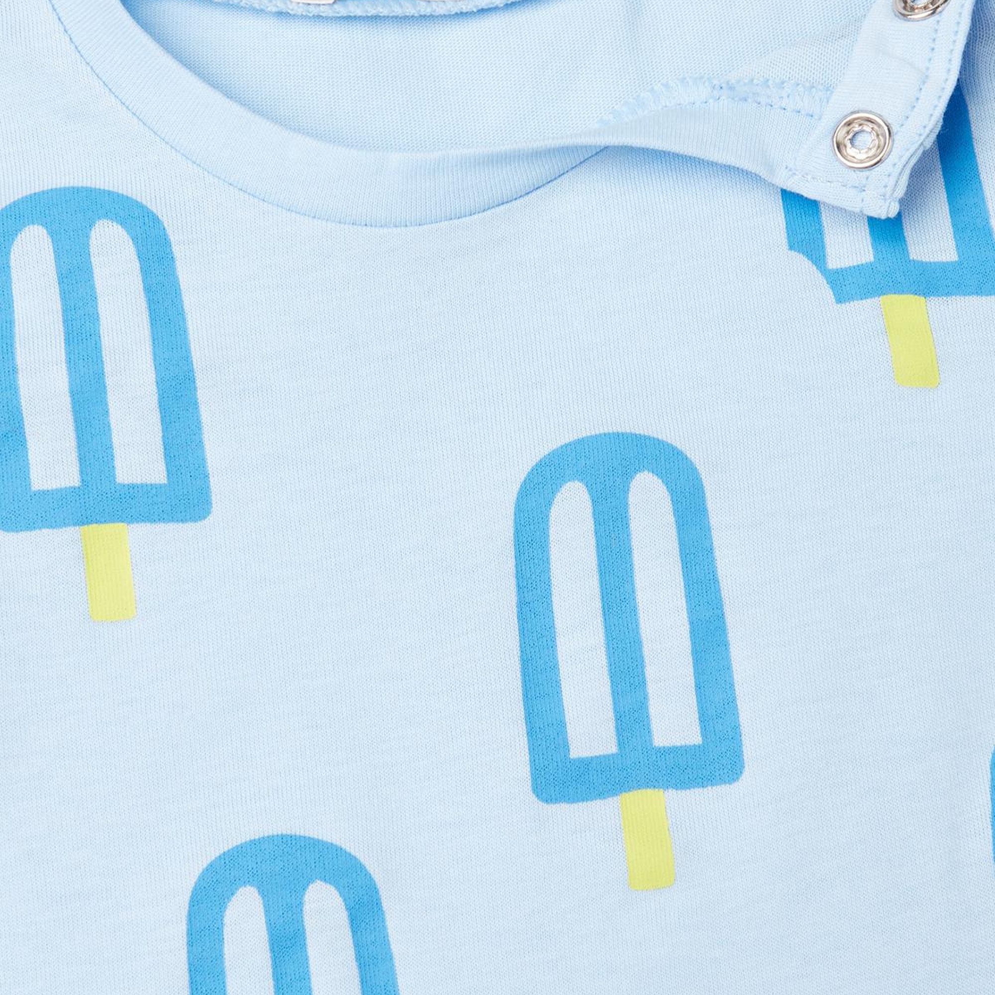 Bebek Açık Mavi Panel Baskılı Omzu Çıtçıtlı Bisiklet Yaka T-Shirt