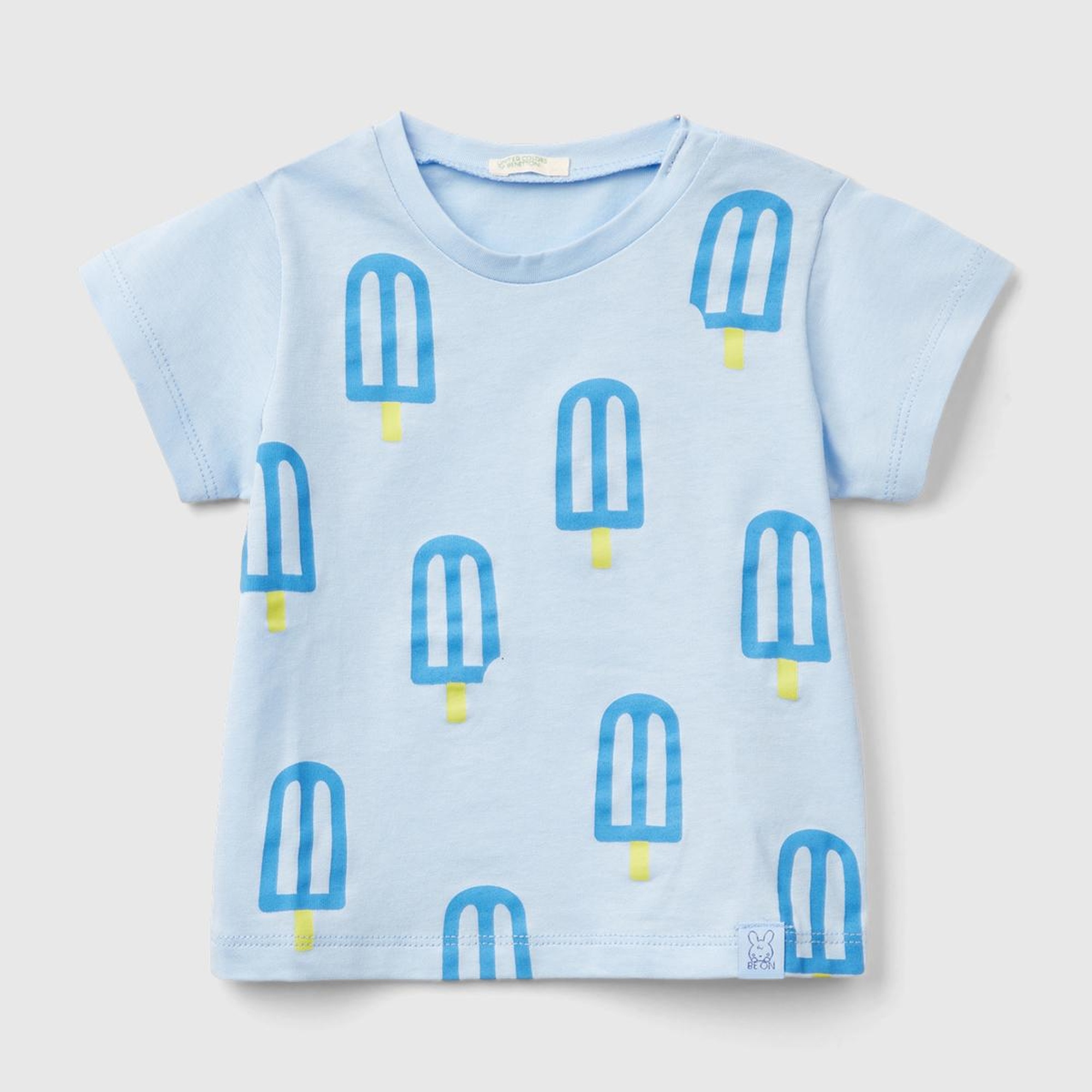 Bebek Açık Mavi Panel Baskılı Omzu Çıtçıtlı Bisiklet Yaka T-Shirt