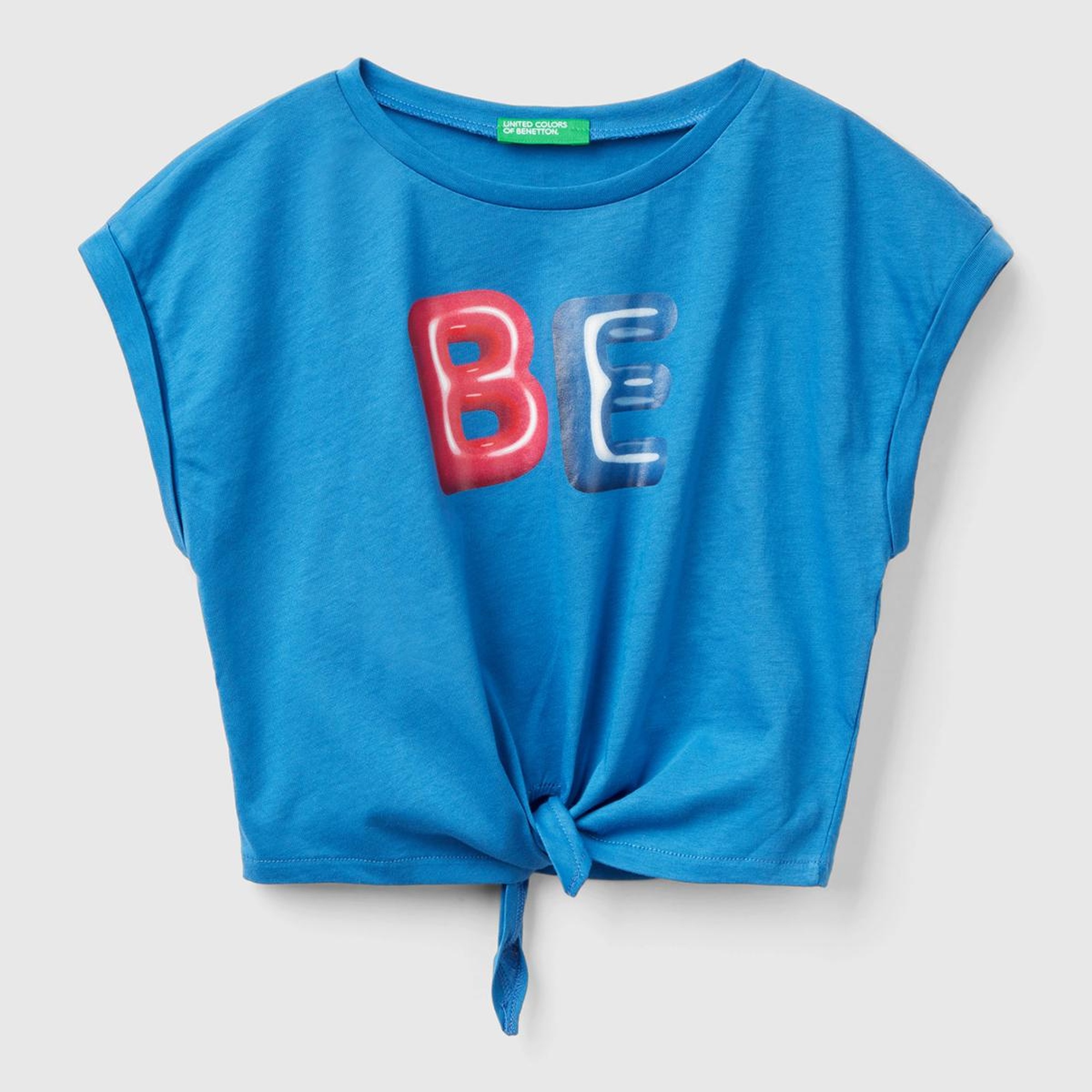 Kız Çocuk Saks Mavi Önü Slogan Baskılı Fiyonk Detaylı Bisiklet Yaka Crop T-Shirt