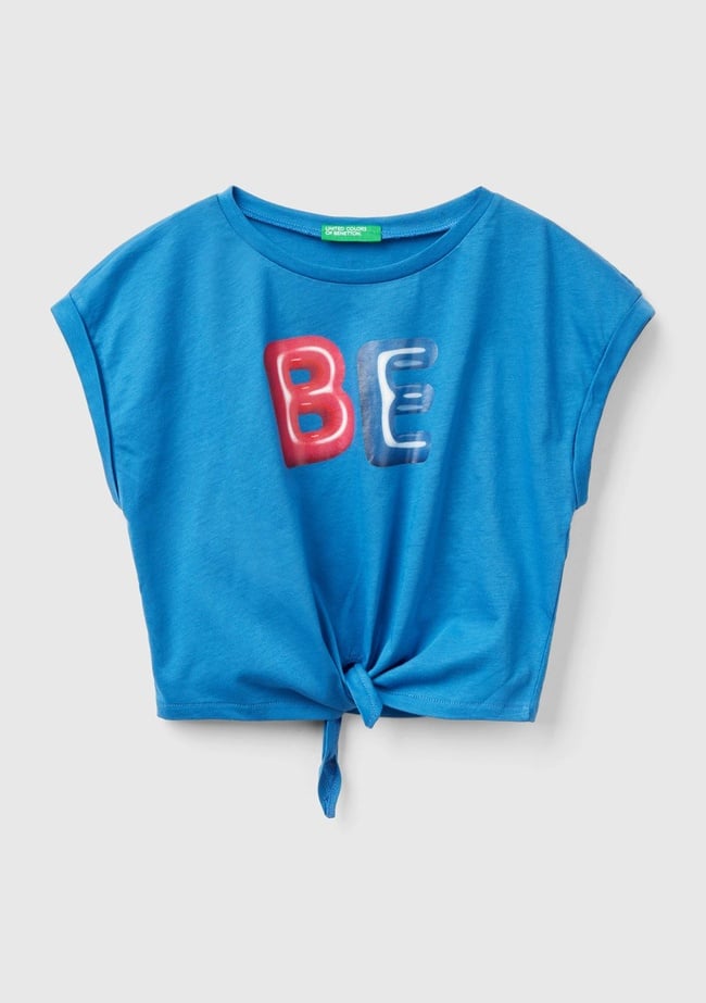  Kız Çocuk Saks Mavi Önü Slogan Baskılı Fiyonk Detaylı Bisiklet Yaka Crop T-Shirt