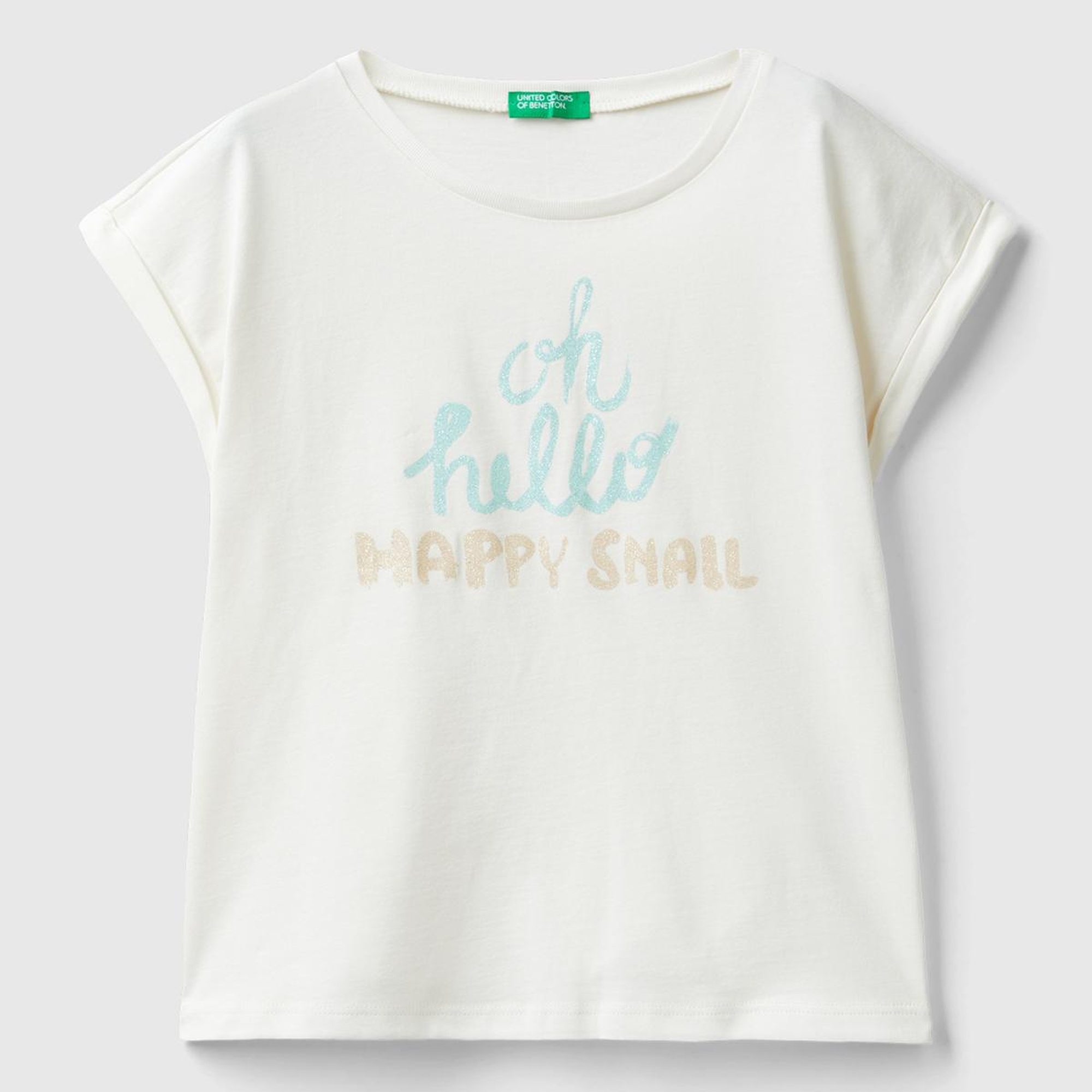 Kız Çocuk Krem Önü Parlak Grafik Baskılı Kıvrık Kol Bisiklet Yaka T-Shirt