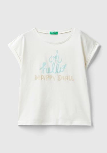  Kız Çocuk Krem Önü Parlak Grafik Baskılı Kıvrık Kol Bisiklet Yaka T-Shirt