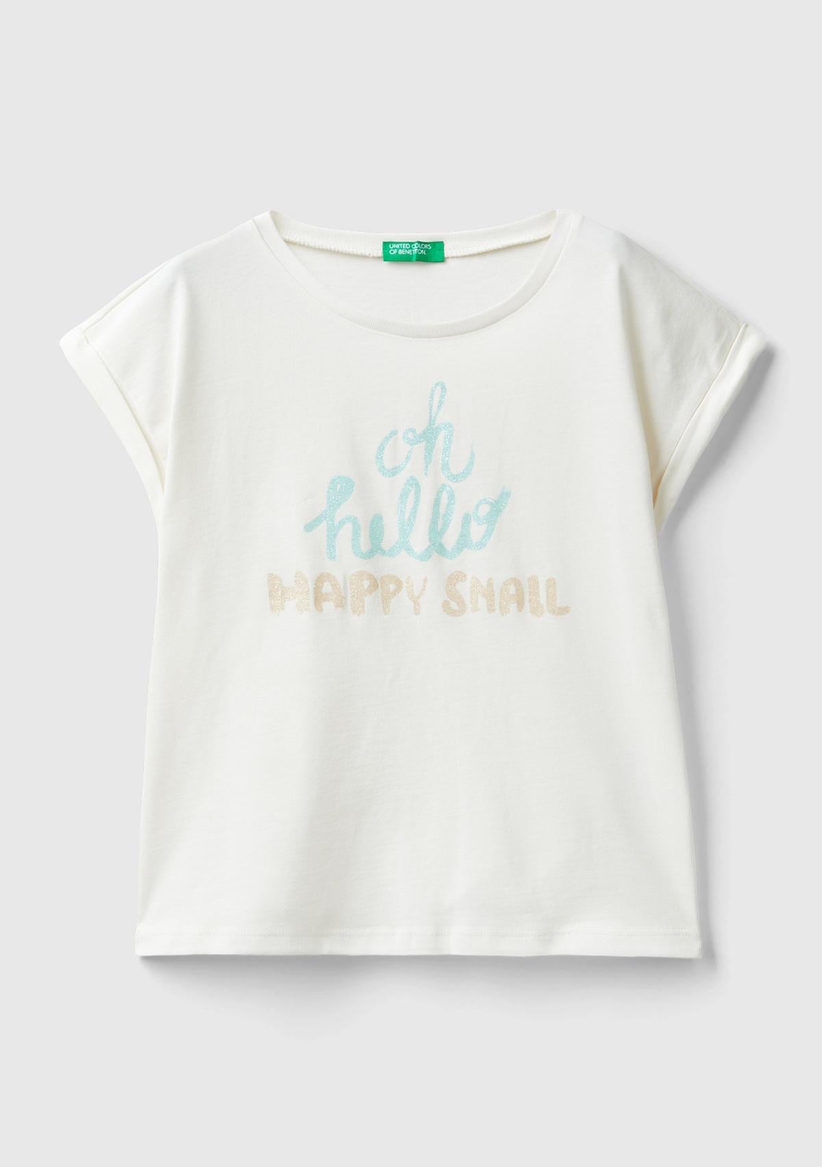  Kız Çocuk Krem Önü Parlak Grafik Baskılı Kıvrık Kol Bisiklet Yaka T-Shirt