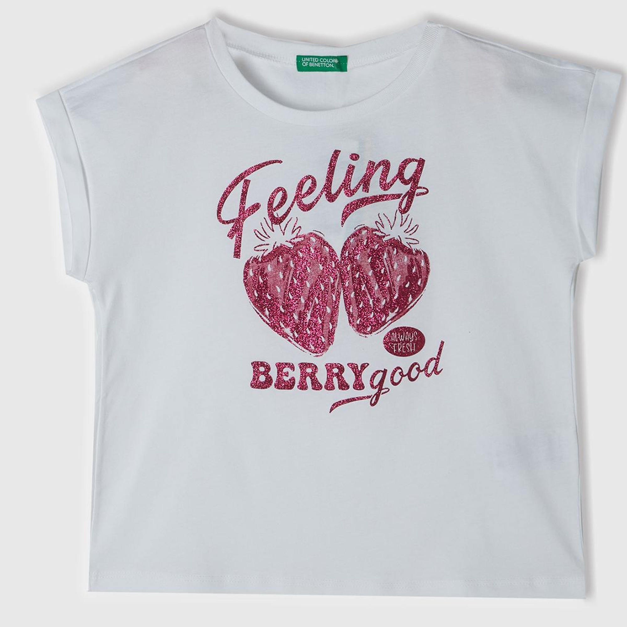 Kız Çocuk Beyaz Önü Parlak Grafik Baskılı Kıvrık Kol Bisiklet Yaka T-Shirt