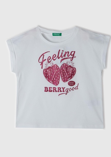  Kız Çocuk Beyaz Önü Parlak Grafik Baskılı Kıvrık Kol Bisiklet Yaka T-Shirt