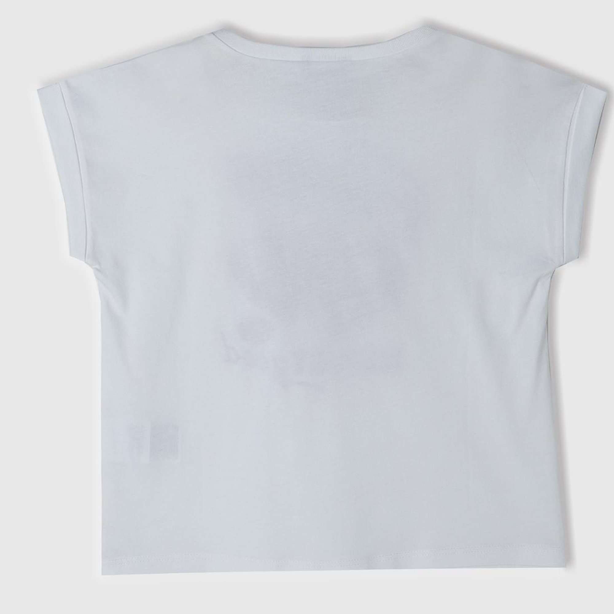 Kız Çocuk Beyaz Önü Parlak Grafik Baskılı Kıvrık Kol Bisiklet Yaka T-Shirt