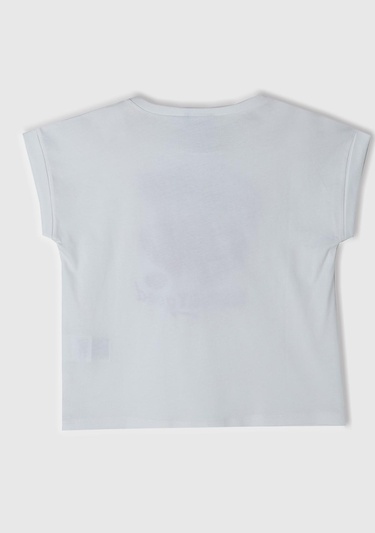  Kız Çocuk Beyaz Önü Parlak Grafik Baskılı Kıvrık Kol Bisiklet Yaka T-Shirt