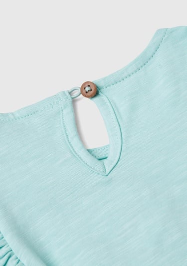  Kız Çocuk Su Yeşili Önü Tül Detaylı Grafik Baskılı Kolları Fırfırlı Bluz