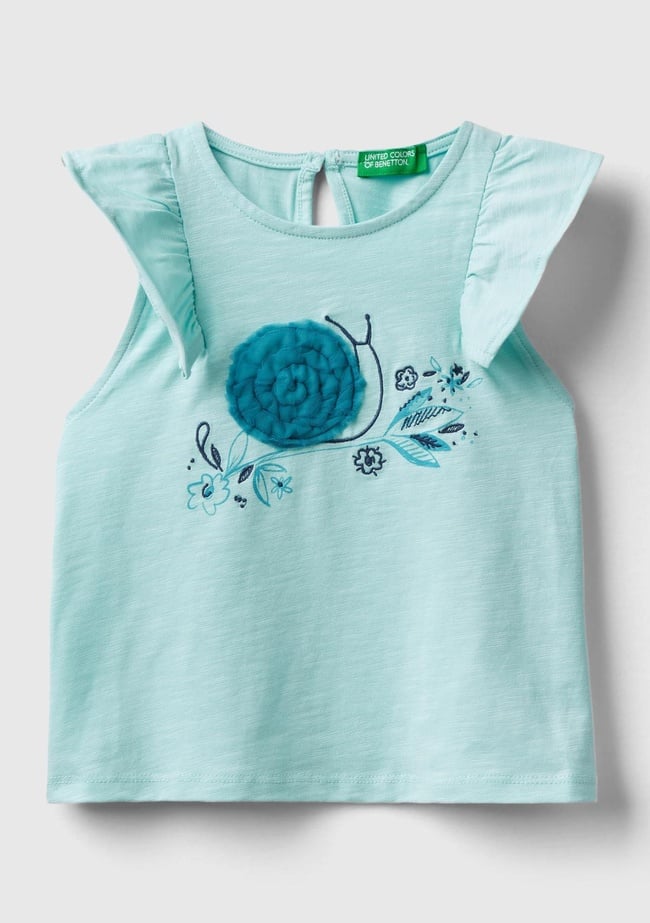  Kız Çocuk Su Yeşili Önü Tül Detaylı Grafik Baskılı Kolları Fırfırlı Bluz