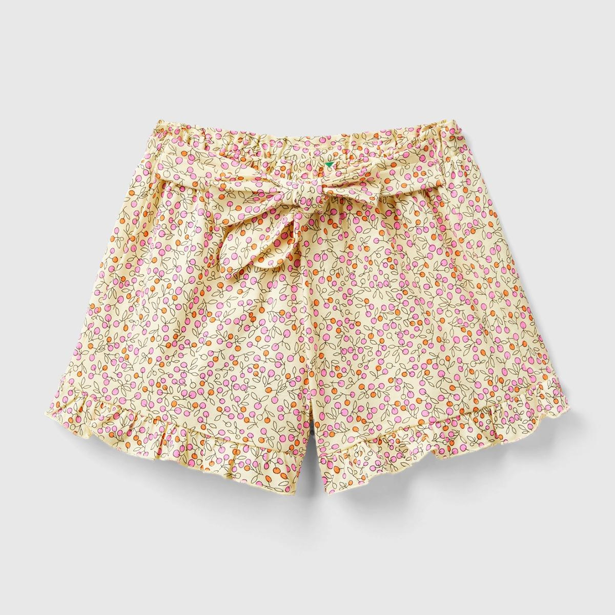 Kız Çocuk Sarı Tamamı Desenli Beli Fiyonk Detaylı Fırfırlı Kloş Kesim Şort