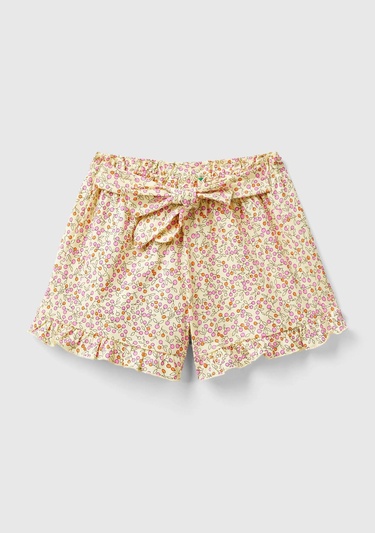  Kız Çocuk Sarı Tamamı Desenli Beli Fiyonk Detaylı Fırfırlı Kloş Kesim Şort