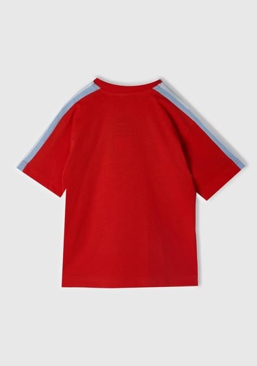  Erkek Çocuk Nar Çiçeği Önü Baskılı Omuzları Kontrast Şeritli Bisiklet Yaka T-Shirt