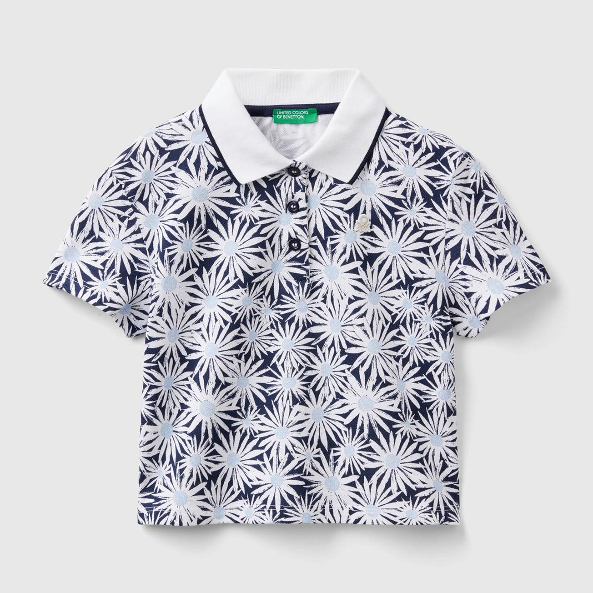 Kız Çocuk Lacivert-Beyaz Tamamı Desenli Parlak Logo İşlemeli Düğmeli Polo Yaka T-Shirt