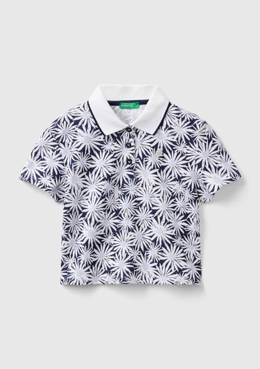  Kız Çocuk Lacivert-Beyaz Tamamı Desenli Parlak Logo İşlemeli Düğmeli Polo Yaka T-Shirt