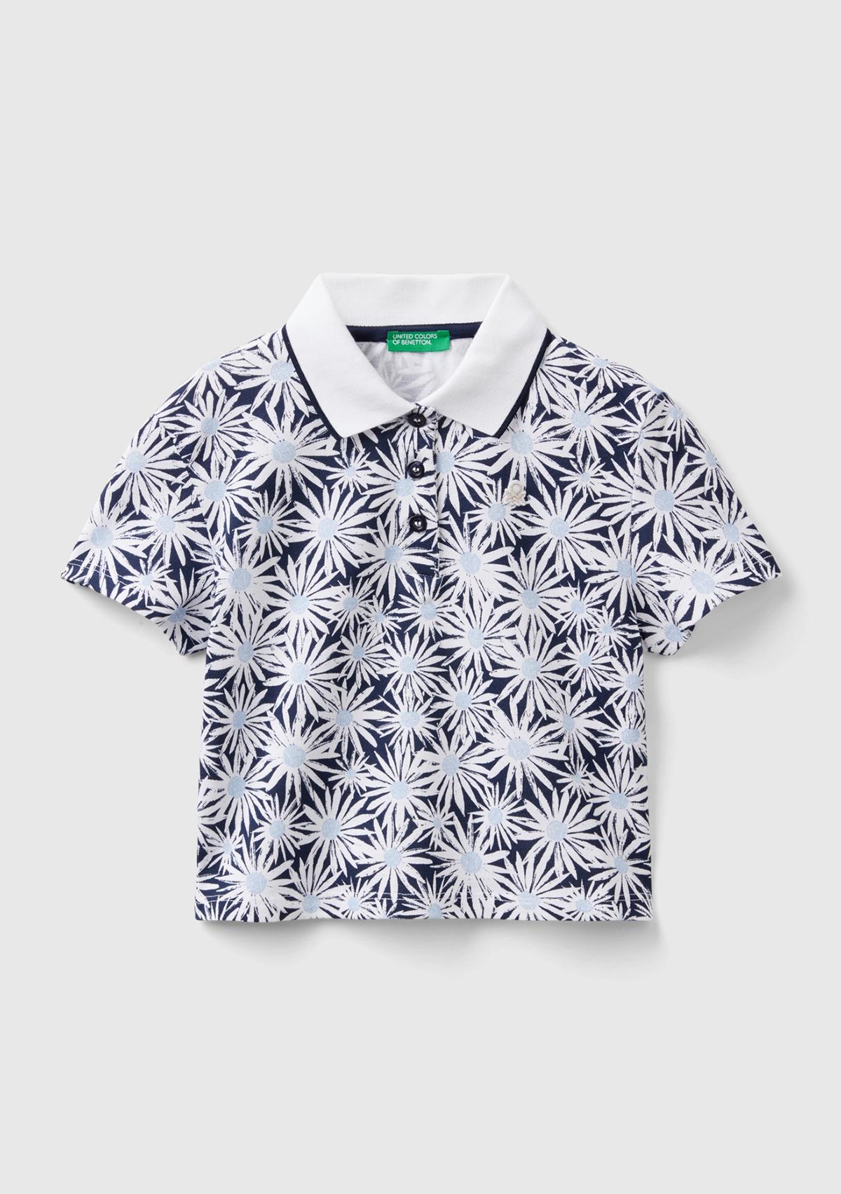  Kız Çocuk Lacivert-Beyaz Tamamı Desenli Parlak Logo İşlemeli Düğmeli Polo Yaka T-Shirt