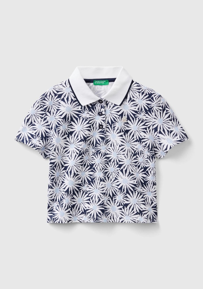  Kız Çocuk Lacivert-Beyaz Tamamı Desenli Parlak Logo İşlemeli Düğmeli Polo Yaka T-Shirt