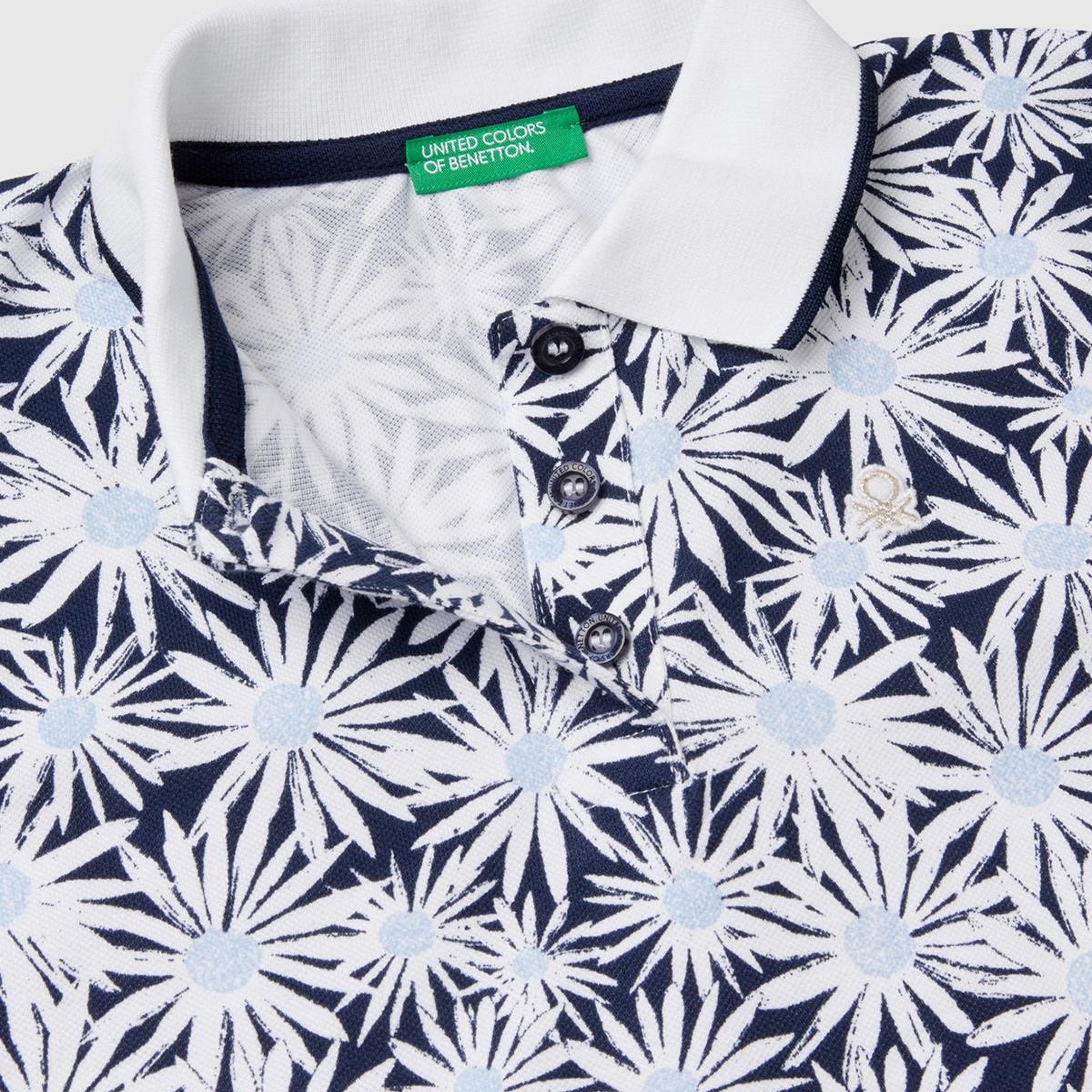 Kız Çocuk Lacivert-Beyaz Tamamı Desenli Parlak Logo İşlemeli Düğmeli Polo Yaka T-Shirt