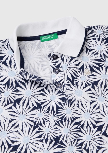  Kız Çocuk Lacivert-Beyaz Tamamı Desenli Parlak Logo İşlemeli Düğmeli Polo Yaka T-Shirt