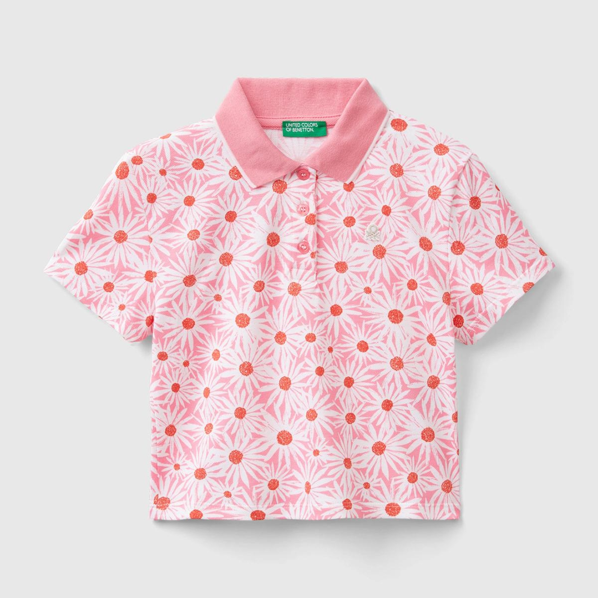 Kız Çocuk Pembe Tamamı Desenli Parlak Logo İşlemeli Düğmeli Polo Yaka T-Shirt