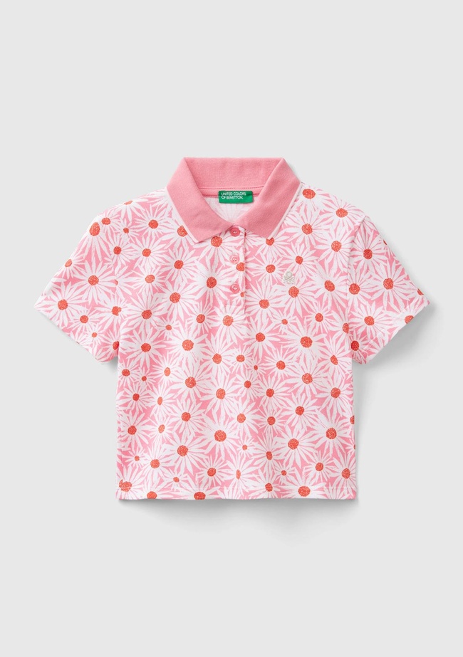  Kız Çocuk Pembe Tamamı Desenli Parlak Logo İşlemeli Düğmeli Polo Yaka T-Shirt