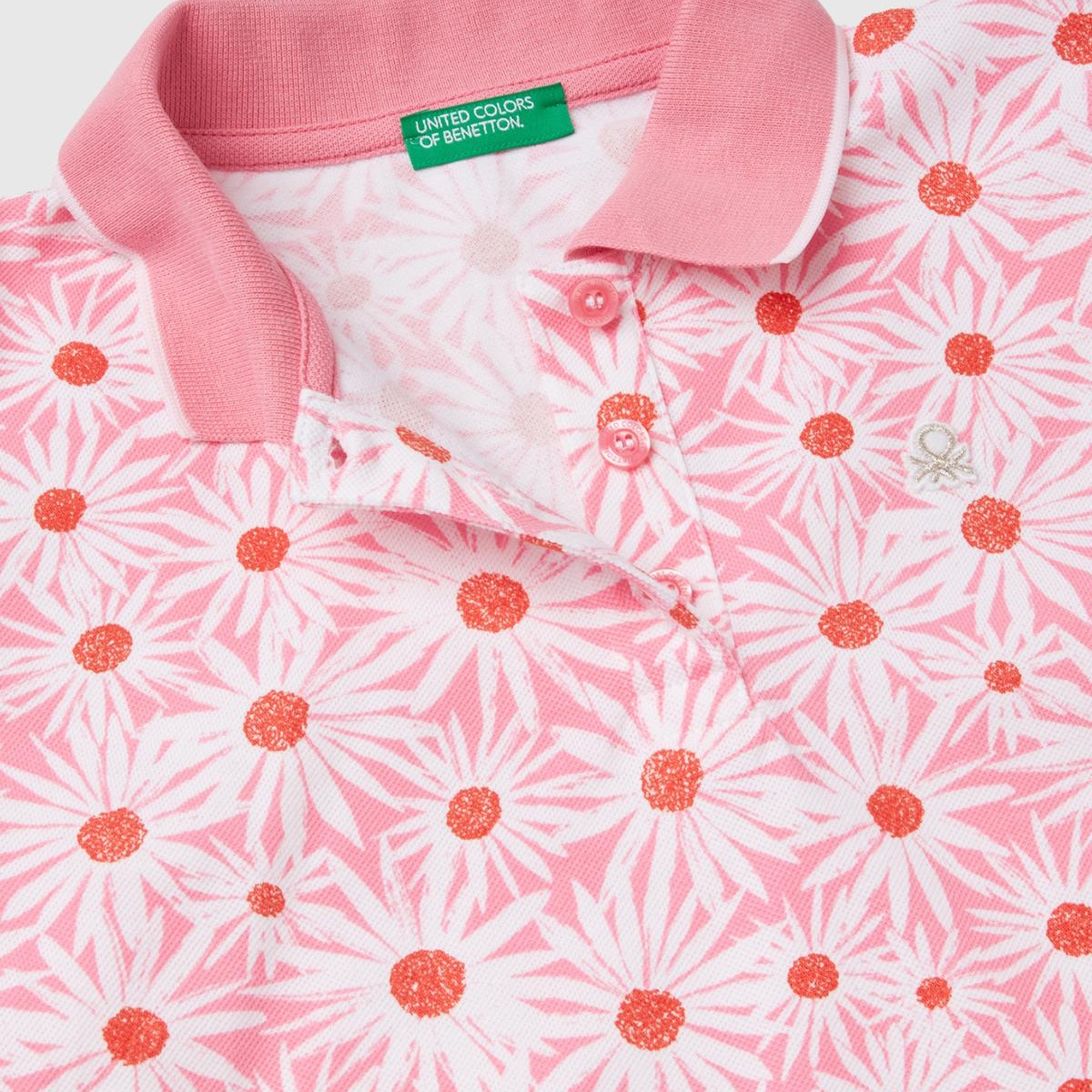 Kız Çocuk Pembe Tamamı Desenli Parlak Logo İşlemeli Düğmeli Polo Yaka T-Shirt