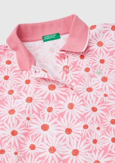  Kız Çocuk Pembe Tamamı Desenli Parlak Logo İşlemeli Düğmeli Polo Yaka T-Shirt