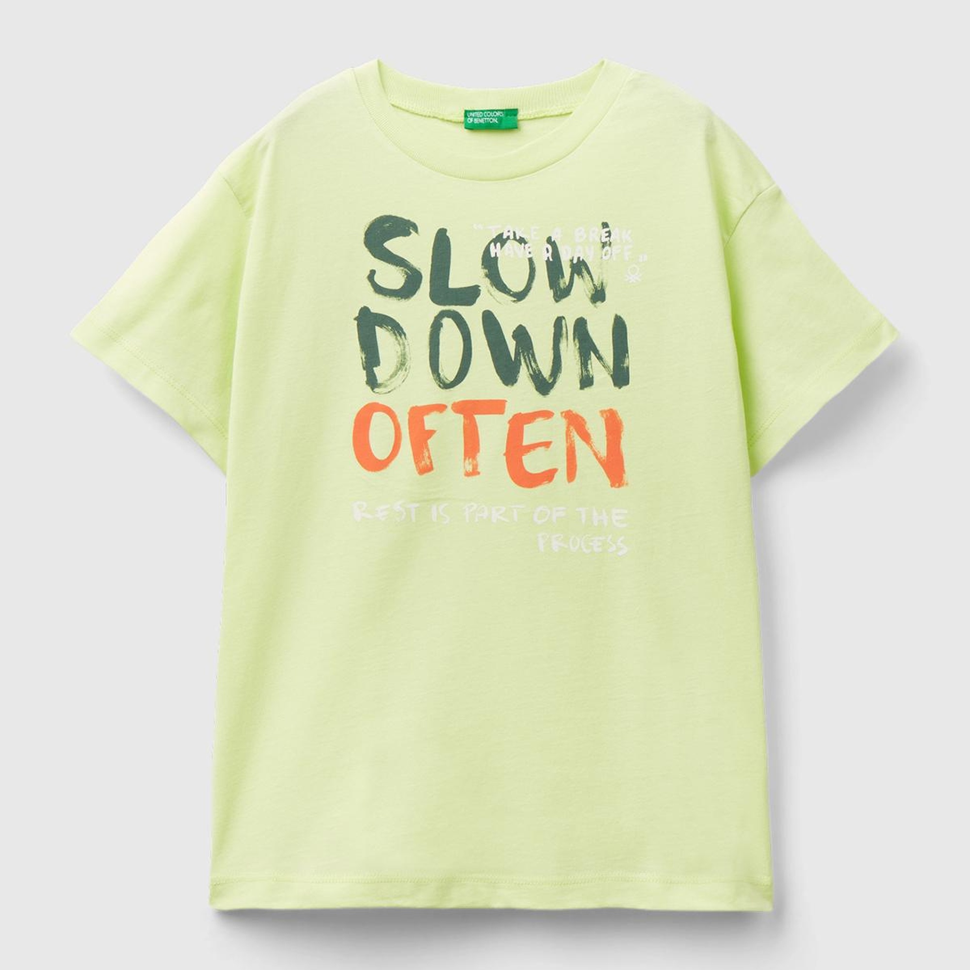 Erkek Çocuk Açık Yeşil Önü Geniş Baskılı Bisiklet Yaka T-Shirt