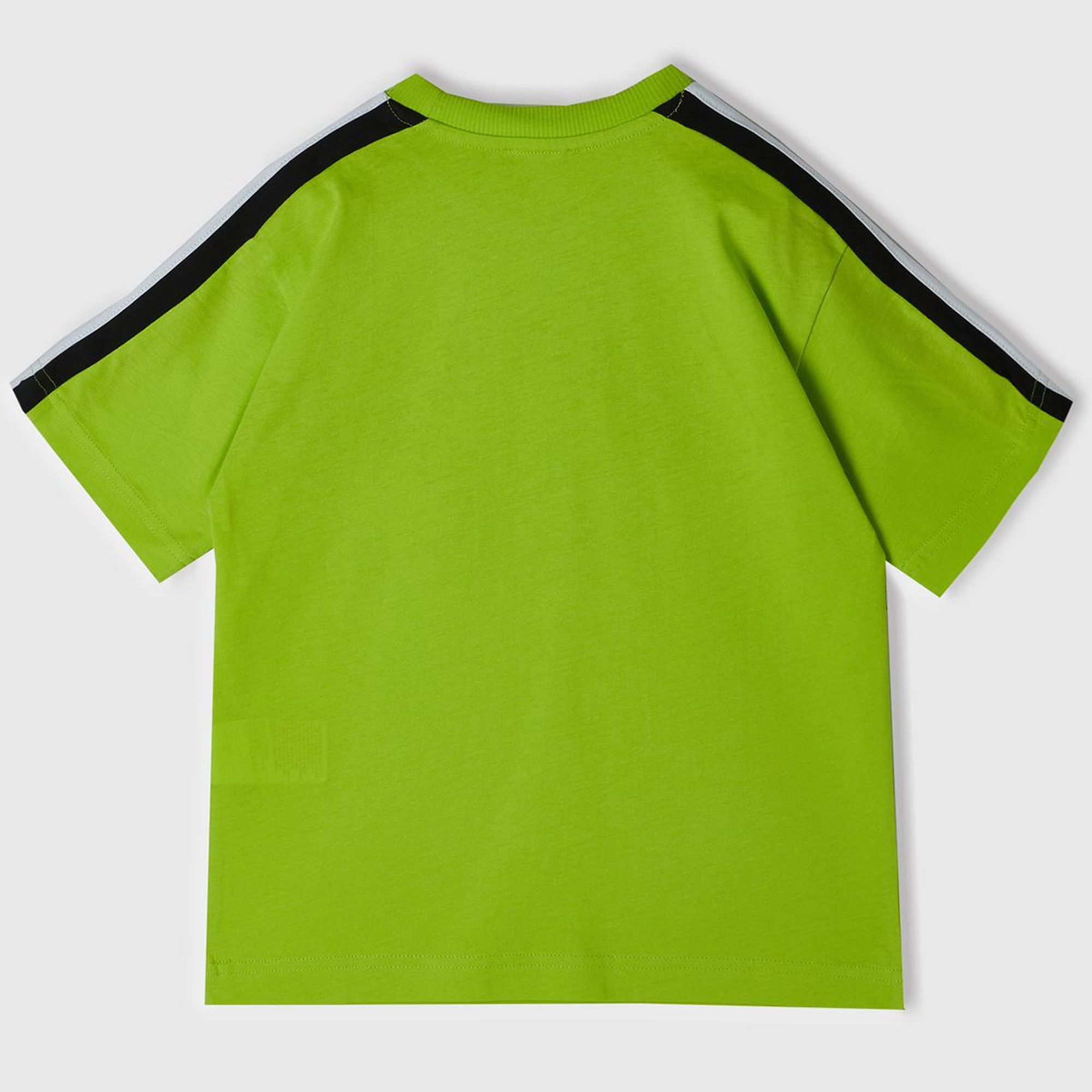 Erkek Çocuk Neon Yeşil Önü Baskılı Omuzları Kontrast Şeritli Bisiklet Yaka T-Shirt