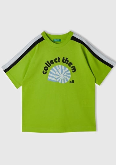  Erkek Çocuk Neon Yeşil Önü Baskılı Omuzları Kontrast Şeritli Bisiklet Yaka T-Shirt