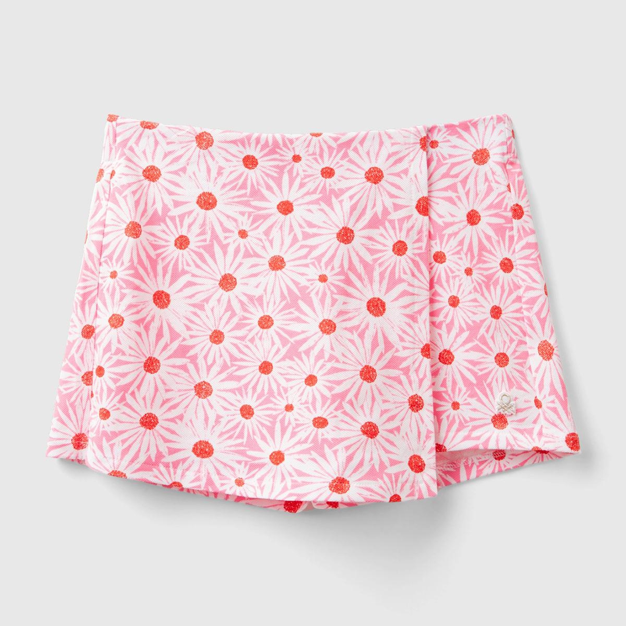 Kız Çocuk Pembe Tamamı Desenli Parlak Logo İşlemeli Beli Büzgülü Şort Etek