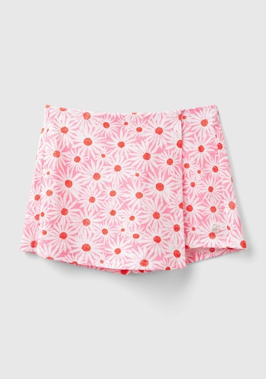  Kız Çocuk Pembe Tamamı Desenli Parlak Logo İşlemeli Beli Büzgülü Şort Etek