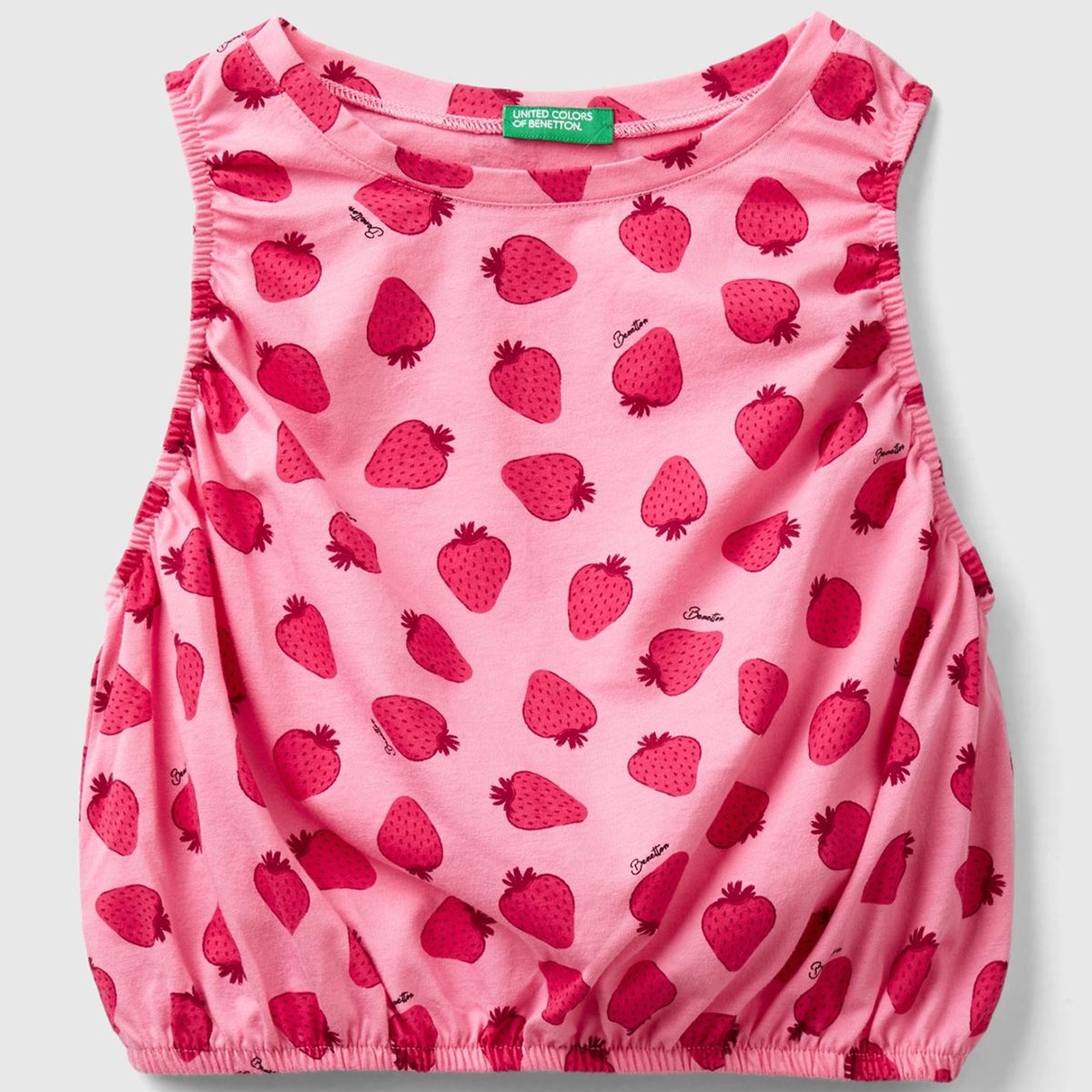 Kız Çocuk Kırmızı-Pembe Tamamı Desenli Kenarları Büzgülü Sıfır Kol T-Shirt