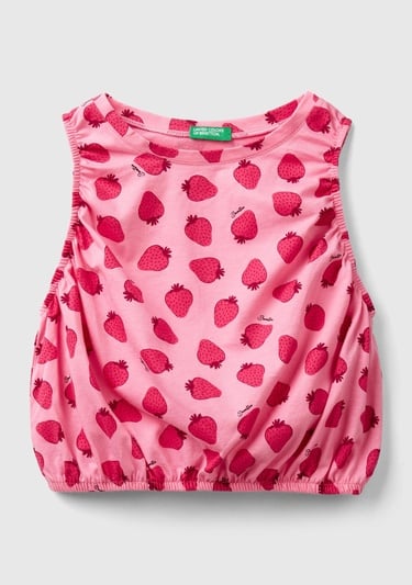  Kız Çocuk Kırmızı-Pembe Tamamı Desenli Kenarları Büzgülü Sıfır Kol T-Shirt