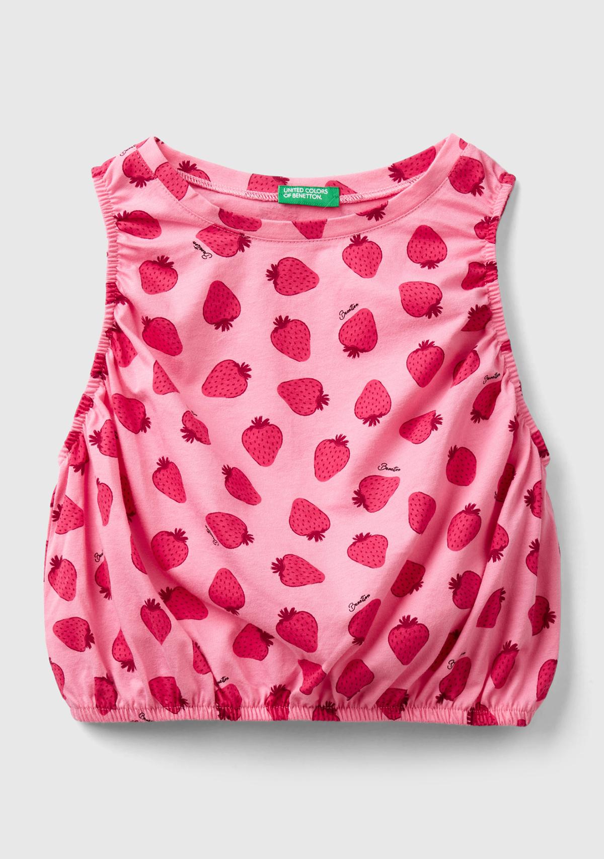  Kız Çocuk Kırmızı-Pembe Tamamı Desenli Kenarları Büzgülü Sıfır Kol T-Shirt