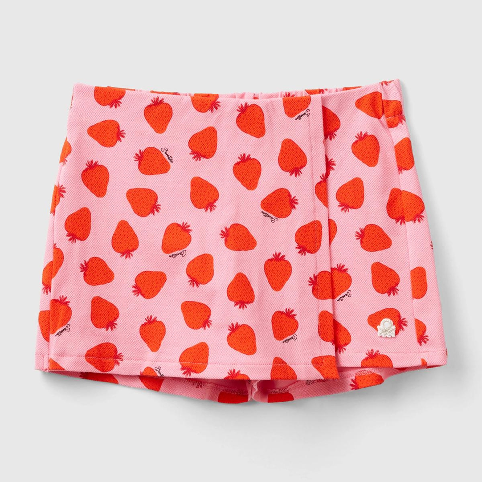 Kız Çocuk Kırmızı-Pembe Tamamı Desenli Parlak Logo İşlemeli Beli Büzgülü Şort Etek