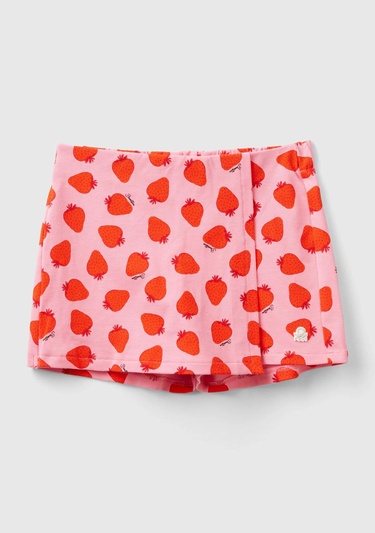  Kız Çocuk Kırmızı-Pembe Tamamı Desenli Parlak Logo İşlemeli Beli Büzgülü Şort Etek