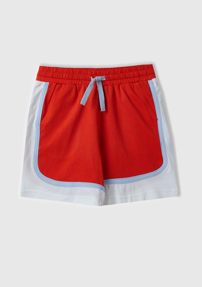  Erkek Çocuk Nar Çiçeği Beli Büzgülü Arkası Logo İşlemeli Renk Bloklu Bermuda Şort