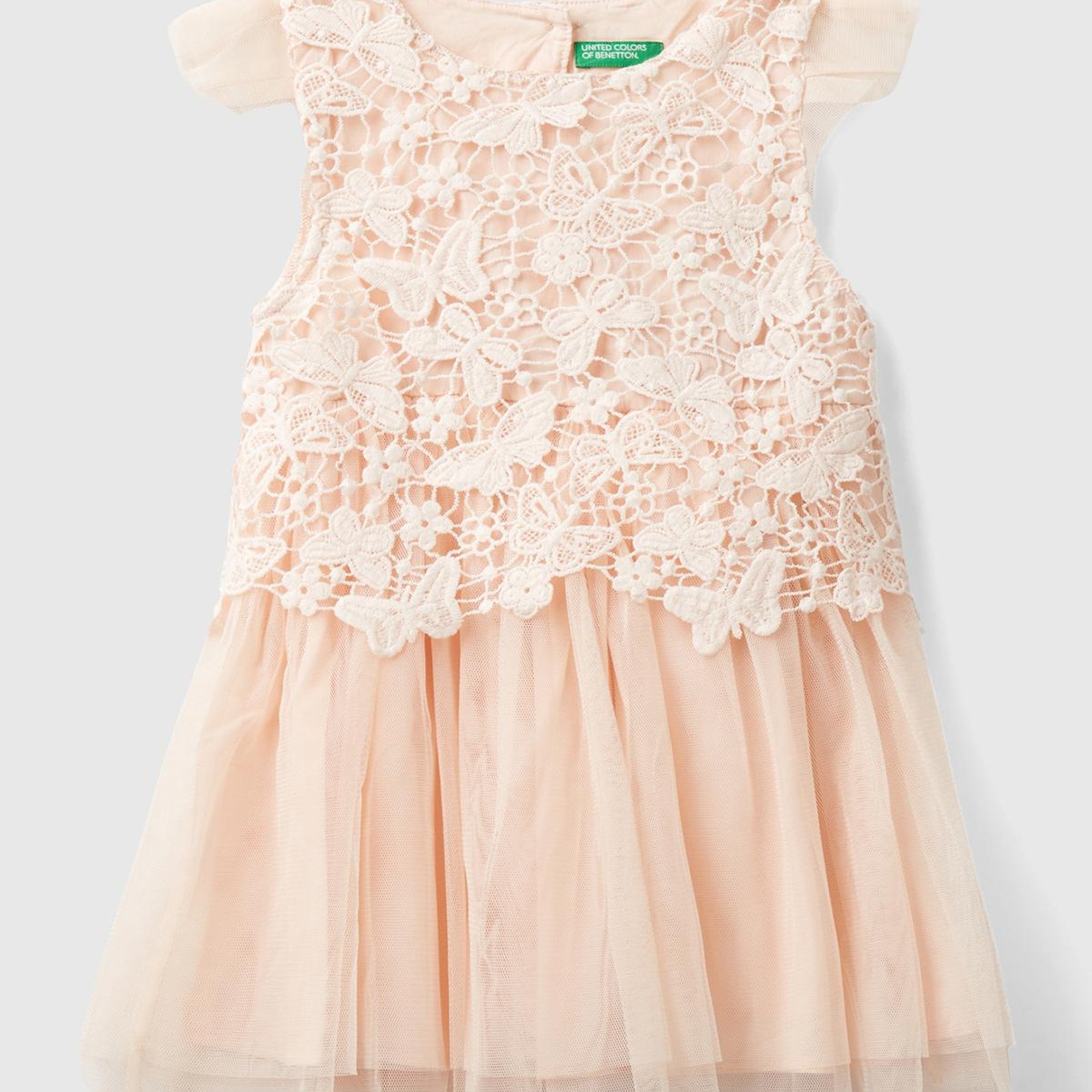 Kız Çocuk Toz Pembe Pileli ve Tül Etekli Kelebek Kol Elbise