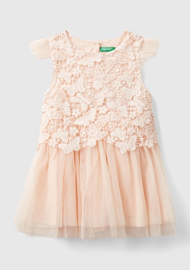  Kız Çocuk Toz Pembe Pileli ve Tül Etekli Kelebek Kol Elbise