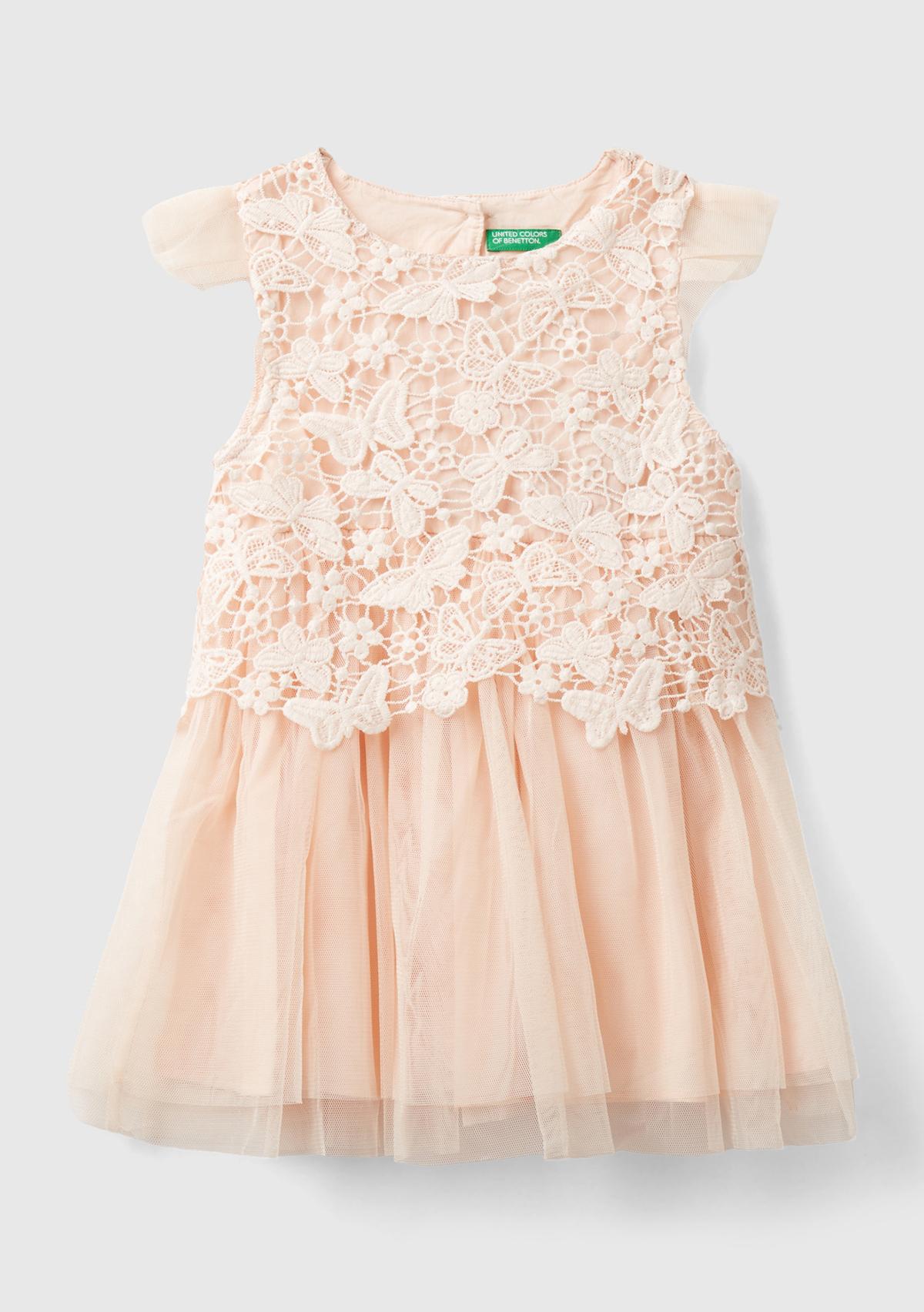  Kız Çocuk Toz Pembe Pileli ve Tül Etekli Kelebek Kol Elbise