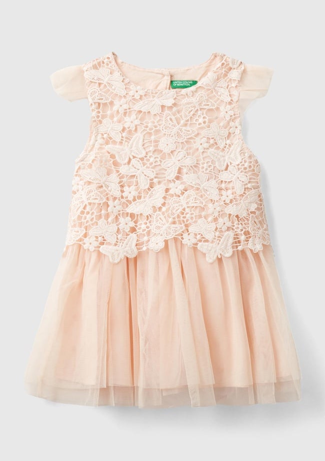  Kız Çocuk Toz Pembe Pileli ve Tül Etekli Kelebek Kol Elbise