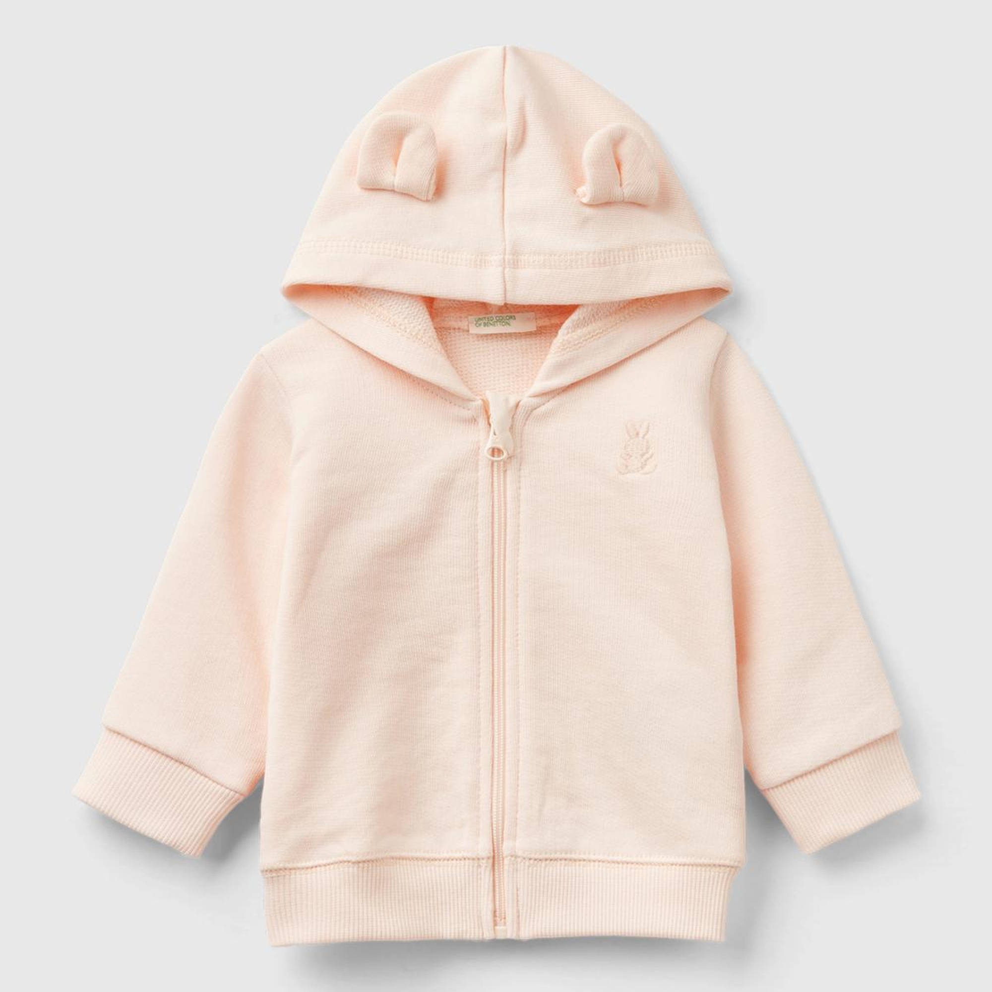 Bebek Pudra Göğsü Tavşan Logosu İşlemeli Kapüşonu Kulaklı Sweatshirt