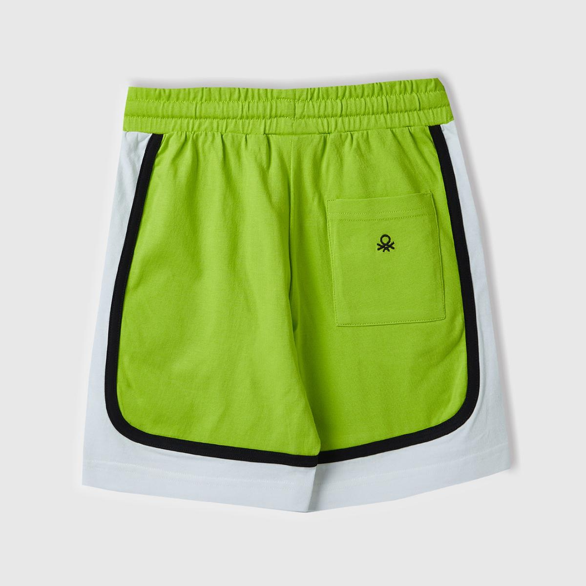 Erkek Çocuk Neon Yeşil Beli Büzgülü Arkası Logo İşlemeli Renk Bloklu Bermuda Şort