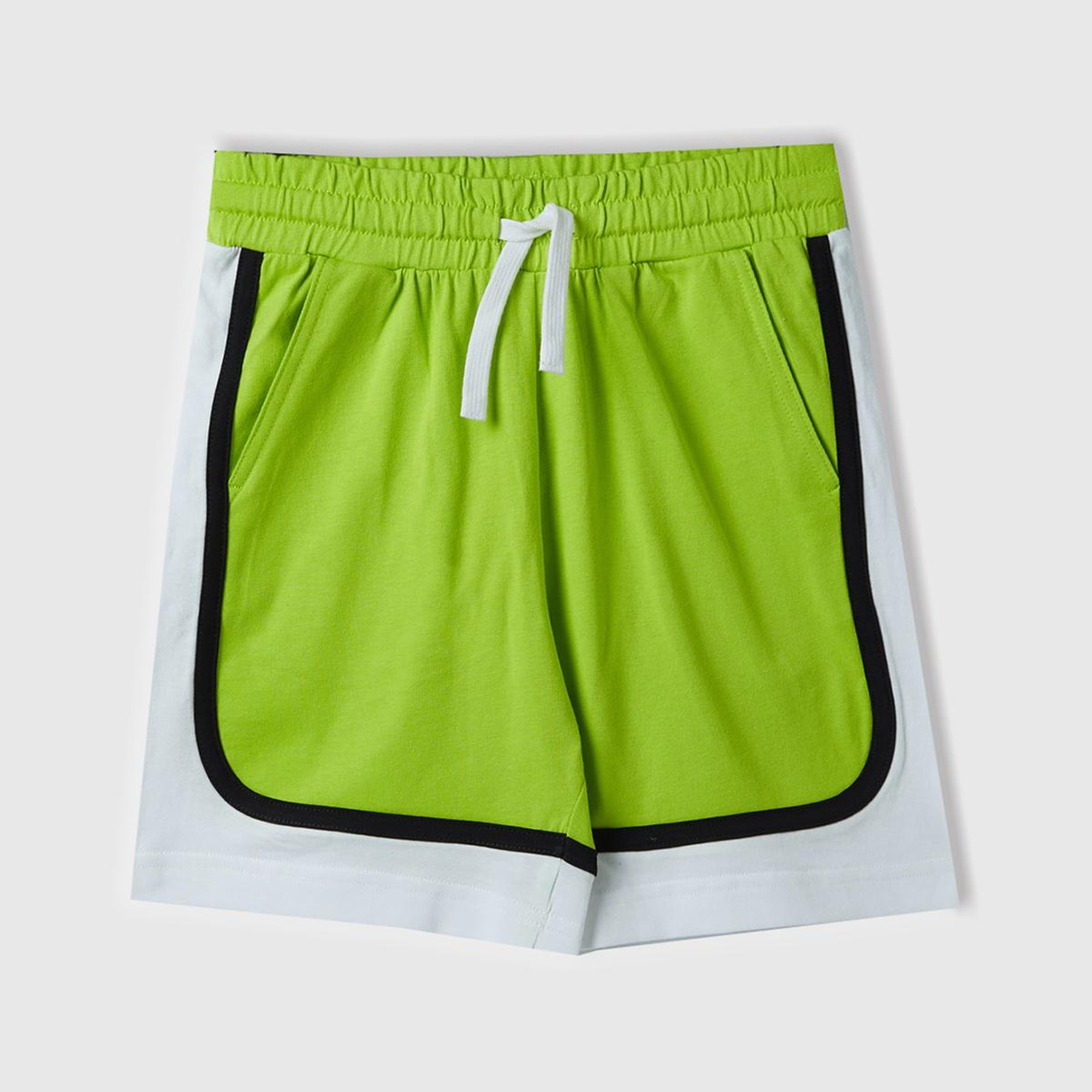 Erkek Çocuk Neon Yeşil Beli Büzgülü Arkası Logo İşlemeli Renk Bloklu Bermuda Şort