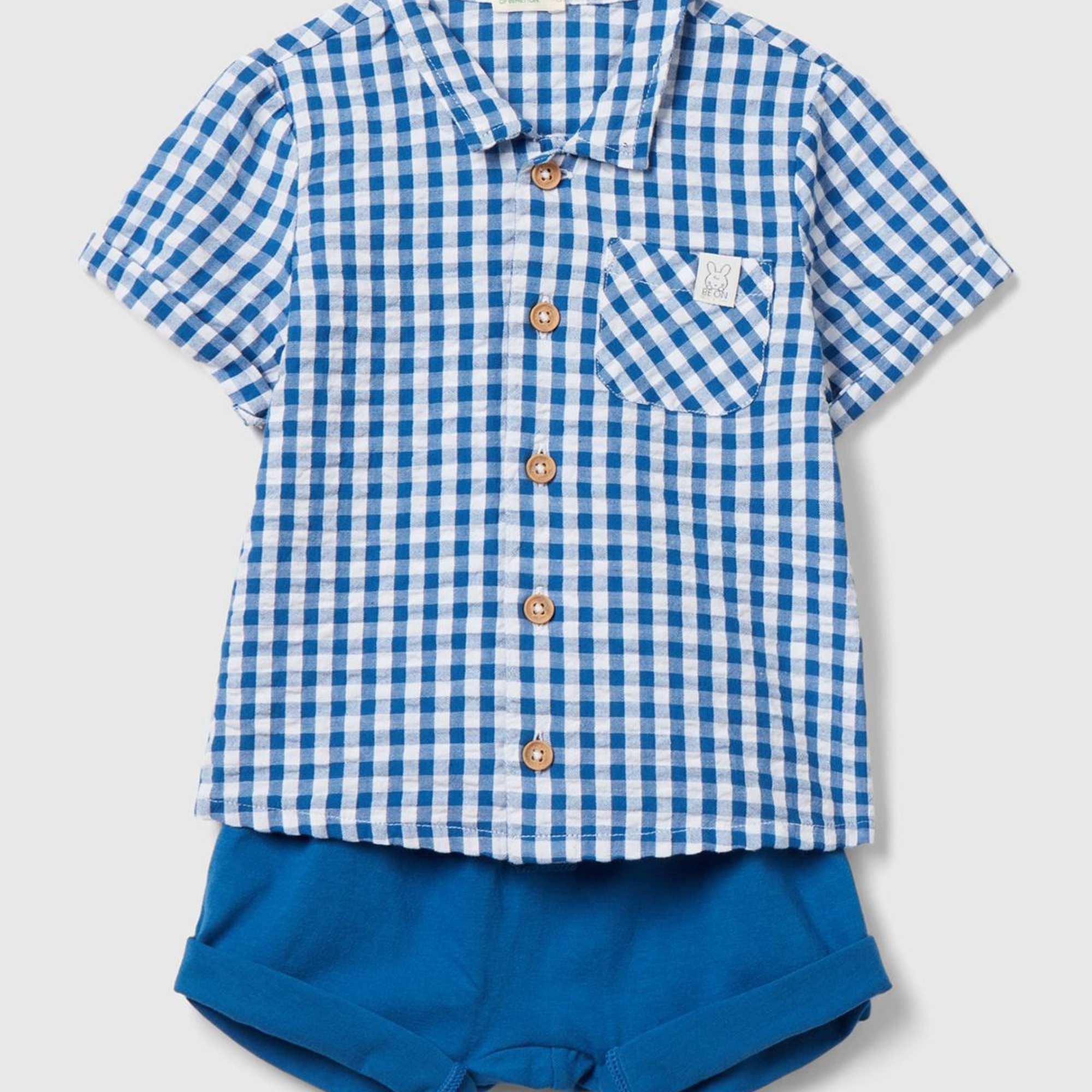 Bebek Saks Mavi Ekose Desenli Yama Cepli Beli Büzgülü 2 Parça Takım