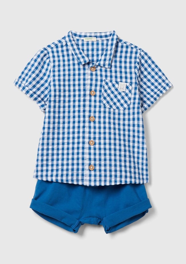  Bebek Saks Mavi Ekose Desenli Yama Cepli Beli Büzgülü 2 Parça Takım