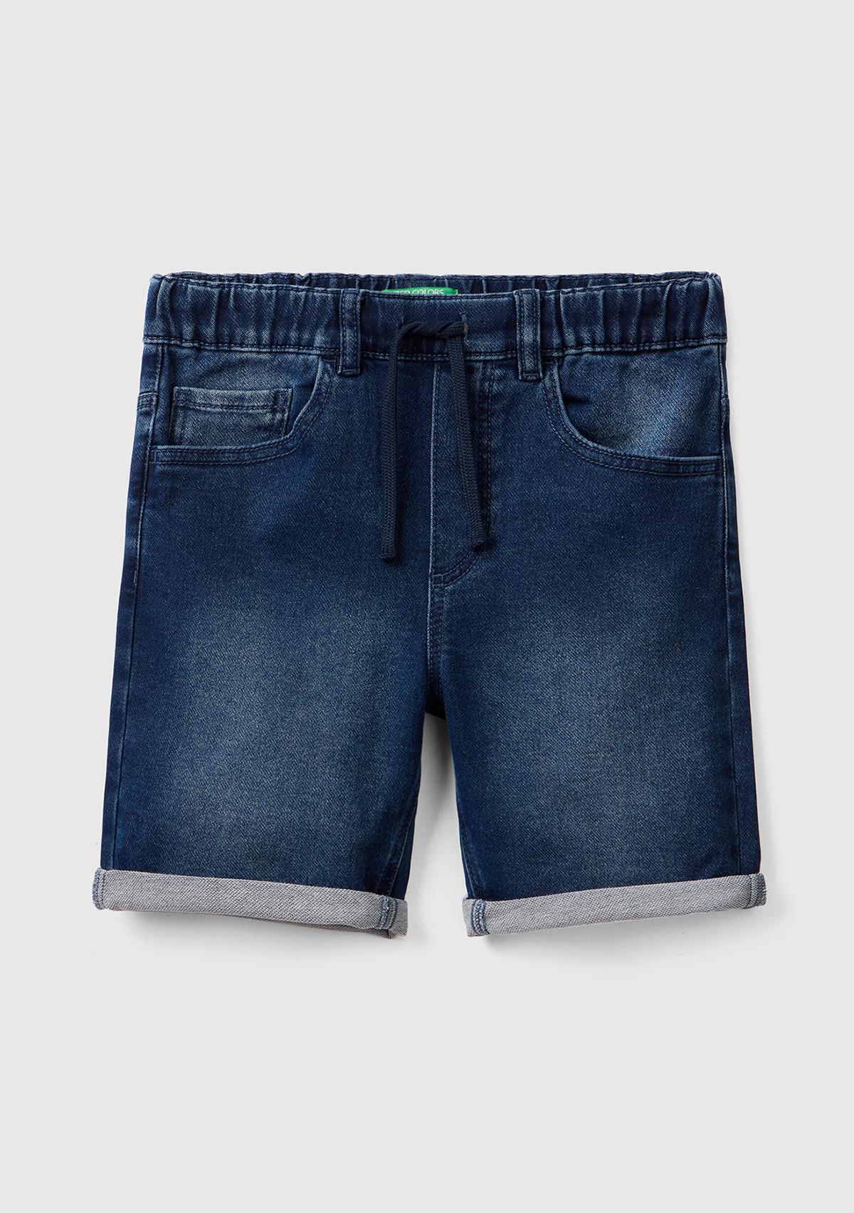 Erkek Çocuk Lacivert Logo İşlemeli 5 Cepli Beli İpli Ağartılmış Bermuda Şort